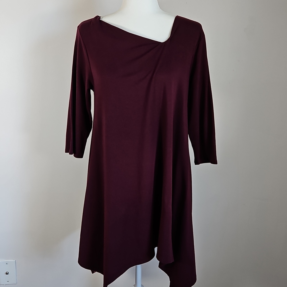 Chalet M Asymmetric Maroon Tunic Dress Lagenlook Indie Stretch Minimalist